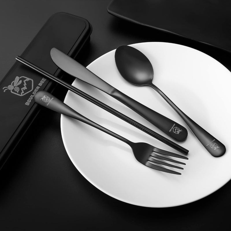 Boulder Bee | Travel Utensils Set | Reusable Camping Cutlery Set | Stainless Steel Flatware Set | Portable Silverware Set with Case | Includes Knife/Fork/Spoon/Straw/Cleaning Cloth/Case (Black) - Image 2